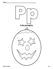 Free printable pumpkin Halloween coloring page, letter p coloring page for preschool, pre-k, and kindergarten, PDF