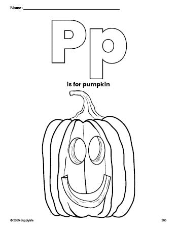 Free printable pumpkin Halloween coloring page, letter p coloring page for preschool, pre-k, and kindergarten, PDF