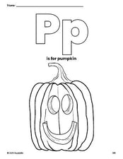 Free printable pumpkin Halloween coloring page, letter p coloring page for preschool, pre-k, and kindergarten, PDF