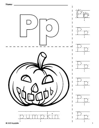 Free printable pumpkin Halloween coloring page and letter tracing worksheet, letter p worksheet for preschool, pre-k, and kindergarten, PDF