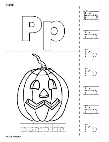 Free printable pumpkin Halloween coloring page and letter tracing worksheet, letter p worksheet for preschool, pre-k, and kindergarten, PDF