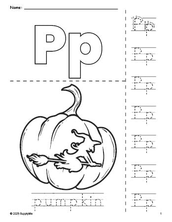 Free printable pumpkin Halloween coloring page and letter tracing worksheet, letter p worksheet for preschool, pre-k, and kindergarten, PDF