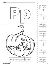 Free printable pumpkin Halloween coloring page and letter tracing worksheet, letter p worksheet for preschool, pre-k, and kindergarten, PDF