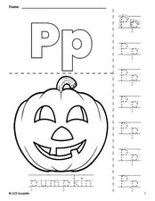 Free printable pumpkin Halloween coloring page and letter tracing worksheet, letter p worksheet for preschool, pre-k, and kindergarten, PDF