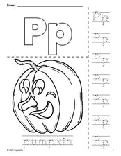 Free printable pumpkin Halloween coloring page and letter tracing worksheet, letter p worksheet for preschool, pre-k, and kindergarten, PDF