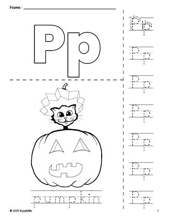 Free printable pumpkin Halloween coloring page and letter tracing worksheet, letter p worksheet for preschool, pre-k, and kindergarten, PDF