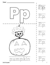 Free printable pumpkin Halloween coloring page and letter tracing worksheet, letter p worksheet for preschool, pre-k, and kindergarten, PDF