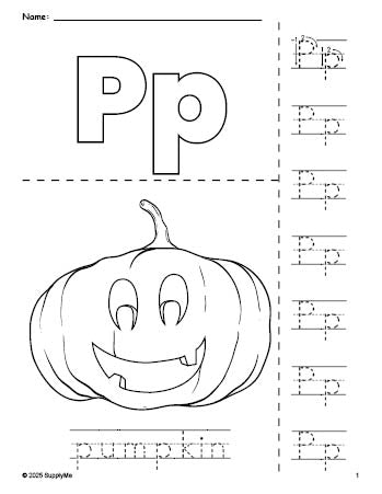 Free printable pumpkin Halloween coloring page and letter tracing worksheet, letter p worksheet for preschool, pre-k, and kindergarten, PDF