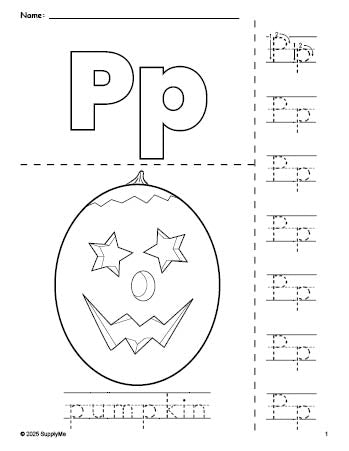 Free printable pumpkin Halloween coloring page and letter tracing worksheet, letter p worksheet for preschool, pre-k, and kindergarten, PDF