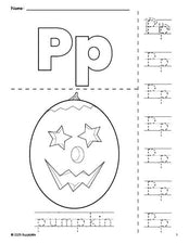 Free printable pumpkin Halloween coloring page and letter tracing worksheet, letter p worksheet for preschool, pre-k, and kindergarten, PDF