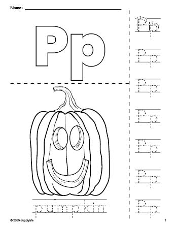 Free printable pumpkin Halloween coloring page and letter tracing worksheet, letter p worksheet for preschool, pre-k, and kindergarten, PDF