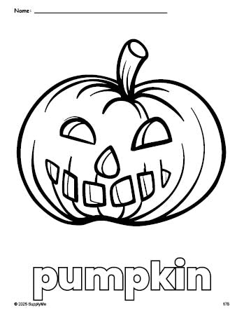 Free printable pumpkin Halloween coloring page for preschool, pre-k, and kindergarten, PDF