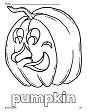 Free printable pumpkin Halloween coloring page for preschool, pre-k, and kindergarten, PDF