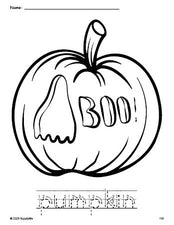 Free printable pumpkin Halloween coloring page and word tracing worksheet, letter formation guides, perfect for preschool, pre-k, and kindergarten, PDF