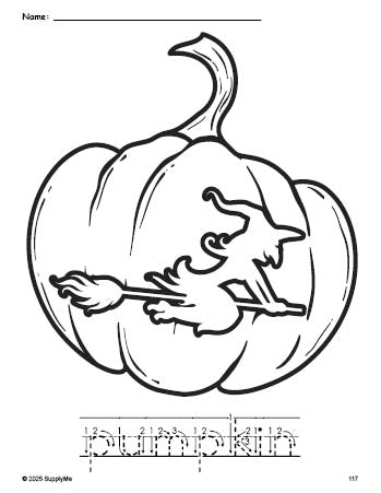 Free printable pumpkin Halloween coloring page and word tracing worksheet, letter formation guides, perfect for preschool, pre-k, and kindergarten, PDF