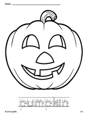 Free printable pumpkin Halloween coloring page and word tracing worksheet, letter formation guides, perfect for preschool, pre-k, and kindergarten, PDF