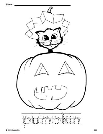 Free printable pumpkin Halloween coloring page and word tracing worksheet, letter formation guides, perfect for preschool, pre-k, and kindergarten, PDF