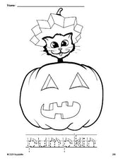 Free printable pumpkin Halloween coloring page and word tracing worksheet, letter formation guides, perfect for preschool, pre-k, and kindergarten, PDF