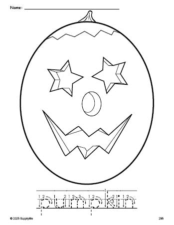 Free printable pumpkin Halloween coloring page and word tracing worksheet, letter formation guides, perfect for preschool, pre-k, and kindergarten, PDF