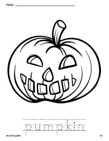 Free printable pumpkin Halloween coloring page and word tracing worksheet, perfect for preschool, pre-k, and kindergarten, PDF