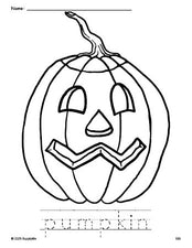 Free printable pumpkin Halloween coloring page and word tracing worksheet, perfect for preschool, pre-k, and kindergarten, PDF