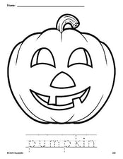 Free printable pumpkin Halloween coloring page and word tracing worksheet, perfect for preschool, pre-k, and kindergarten, PDF