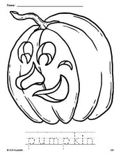 Free printable pumpkin Halloween coloring page and word tracing worksheet, perfect for preschool, pre-k, and kindergarten, PDF