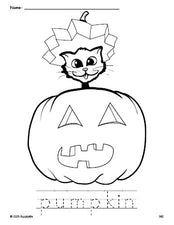 Free printable pumpkin Halloween coloring page and word tracing worksheet, perfect for preschool, pre-k, and kindergarten, PDF