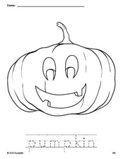 Free printable pumpkin Halloween coloring page and word tracing worksheet, perfect for preschool, pre-k, and kindergarten, PDF