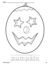 Free printable pumpkin Halloween coloring page and word tracing worksheet, perfect for preschool, pre-k, and kindergarten, PDF