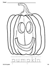 Free printable pumpkin Halloween coloring page and word tracing worksheet, perfect for preschool, pre-k, and kindergarten, PDF