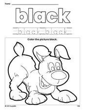 Free puppy color black coloring page and color worksheet, black worksheet for preschoolers to learn colors, printable PDF