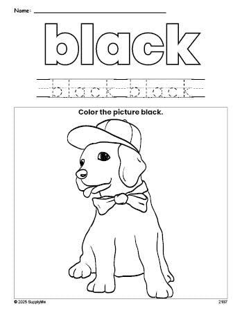 Free puppy color black coloring page and color worksheet, black worksheet for preschoolers to learn colors, printable PDF