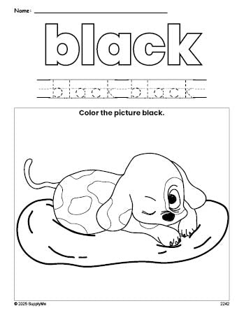 Free puppy color black coloring page and color worksheet, black worksheet for preschoolers to learn colors, printable PDF