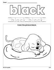 Free puppy color black coloring page and color worksheet, black worksheet for preschoolers to learn colors, printable PDF