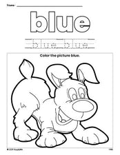 Free puppy color blue coloring page and color worksheet, blue worksheet for preschoolers to learn colors, printable PDF