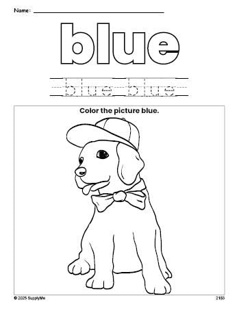 Free puppy color blue coloring page and color worksheet, blue worksheet for preschoolers to learn colors, printable PDF