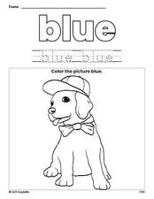 Free puppy color blue coloring page and color worksheet, blue worksheet for preschoolers to learn colors, printable PDF