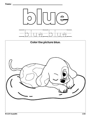 Free puppy color blue coloring page and color worksheet, blue worksheet for preschoolers to learn colors, printable PDF