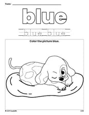 Free puppy color blue coloring page and color worksheet, blue worksheet for preschoolers to learn colors, printable PDF