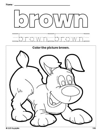 Free puppy color brown coloring page and color worksheet, brown worksheet for preschoolers to learn colors, printable PDF