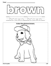 Free puppy color brown coloring page and color worksheet, brown worksheet for preschoolers to learn colors, printable PDF