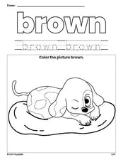 Free puppy color brown coloring page and color worksheet, brown worksheet for preschoolers to learn colors, printable PDF