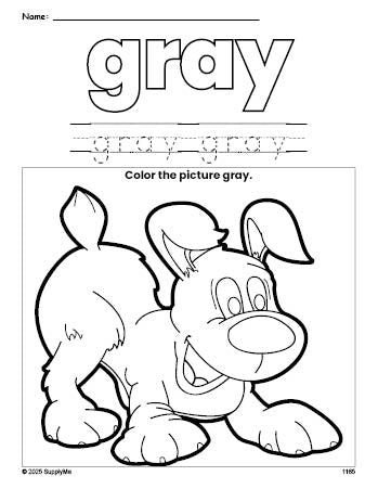 Free puppy color gray coloring page and color worksheet, gray worksheet for preschoolers to learn colors, printable PDF