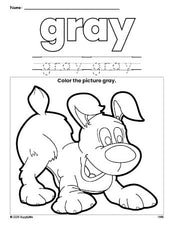 Free puppy color gray coloring page and color worksheet, gray worksheet for preschoolers to learn colors, printable PDF