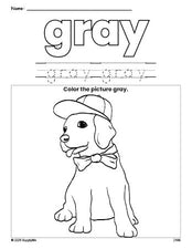 Free puppy color gray coloring page and color worksheet, gray worksheet for preschoolers to learn colors, printable PDF