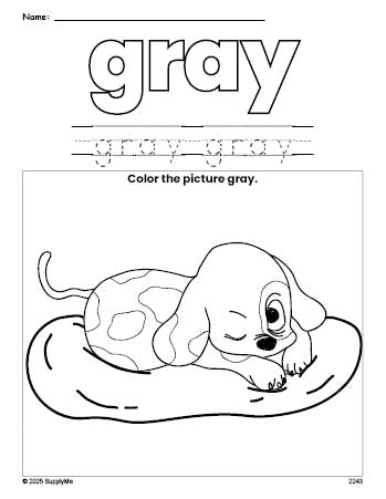 Free puppy color gray coloring page and color worksheet, gray worksheet for preschoolers to learn colors, printable PDF