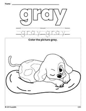 Free puppy color gray coloring page and color worksheet, gray worksheet for preschoolers to learn colors, printable PDF