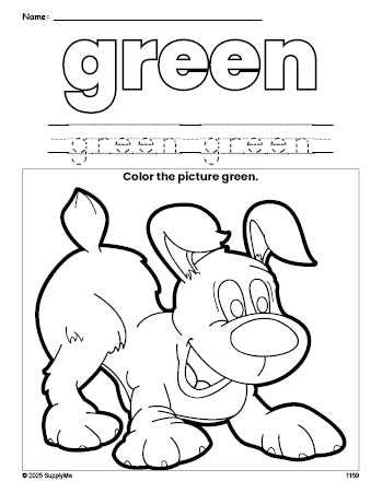 Free puppy color green coloring page and color worksheet, green worksheet for preschoolers to learn colors, printable PDF