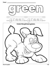 Free puppy color green coloring page and color worksheet, green worksheet for preschoolers to learn colors, printable PDF